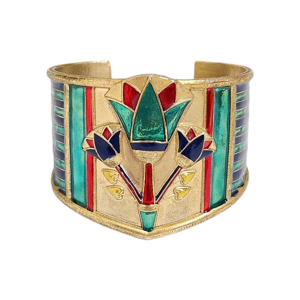 Vintage Heavy Brass Egyptian Lotus Flower Wide Statement Cuff Bracelet 72 Grams